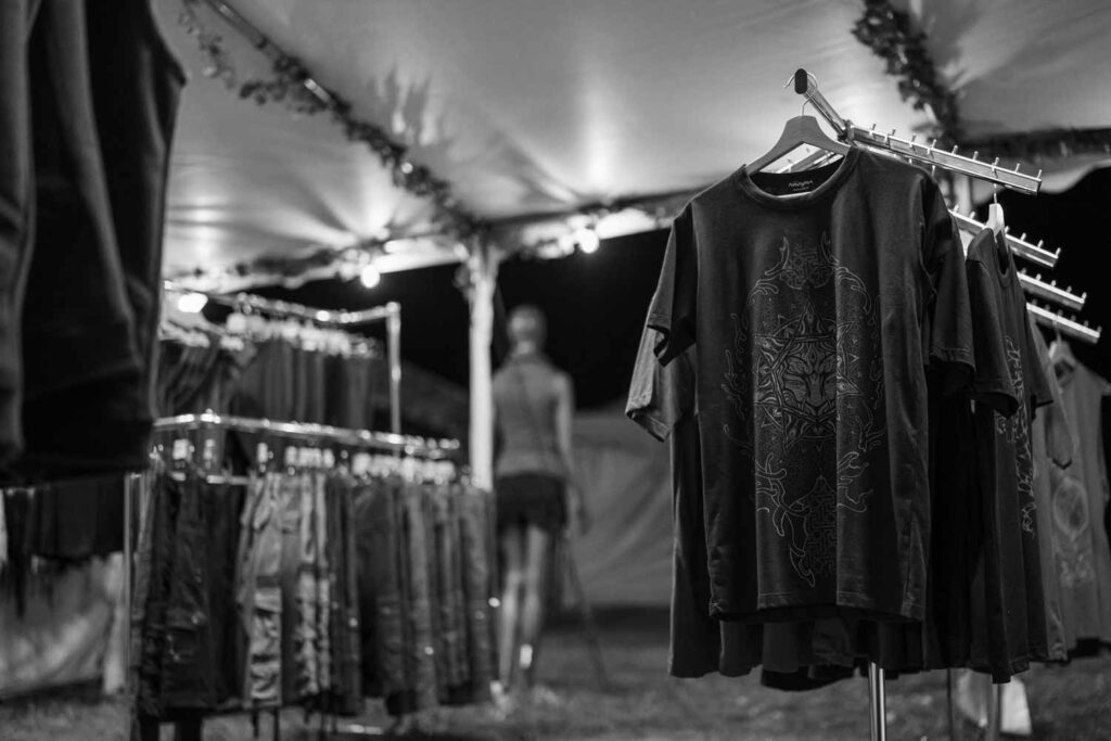 Avanyah clothing shop at a street market, featuring festival fashion and psychedelic art wear for trance festivals