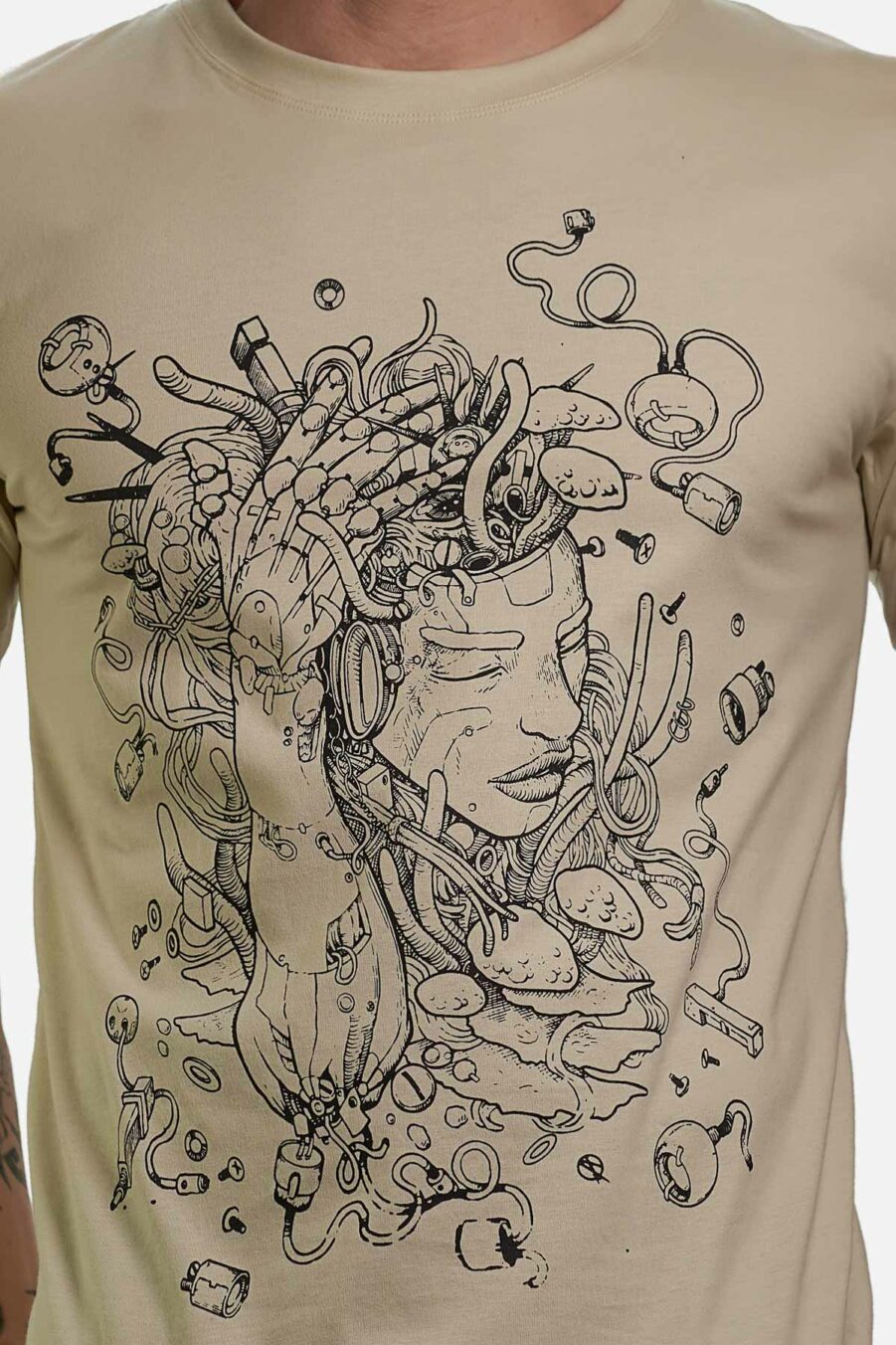 Bioborg t-shirt in sand color, featuring handmade silk screen print, part of Avanyah's alternative streetwear collection for men