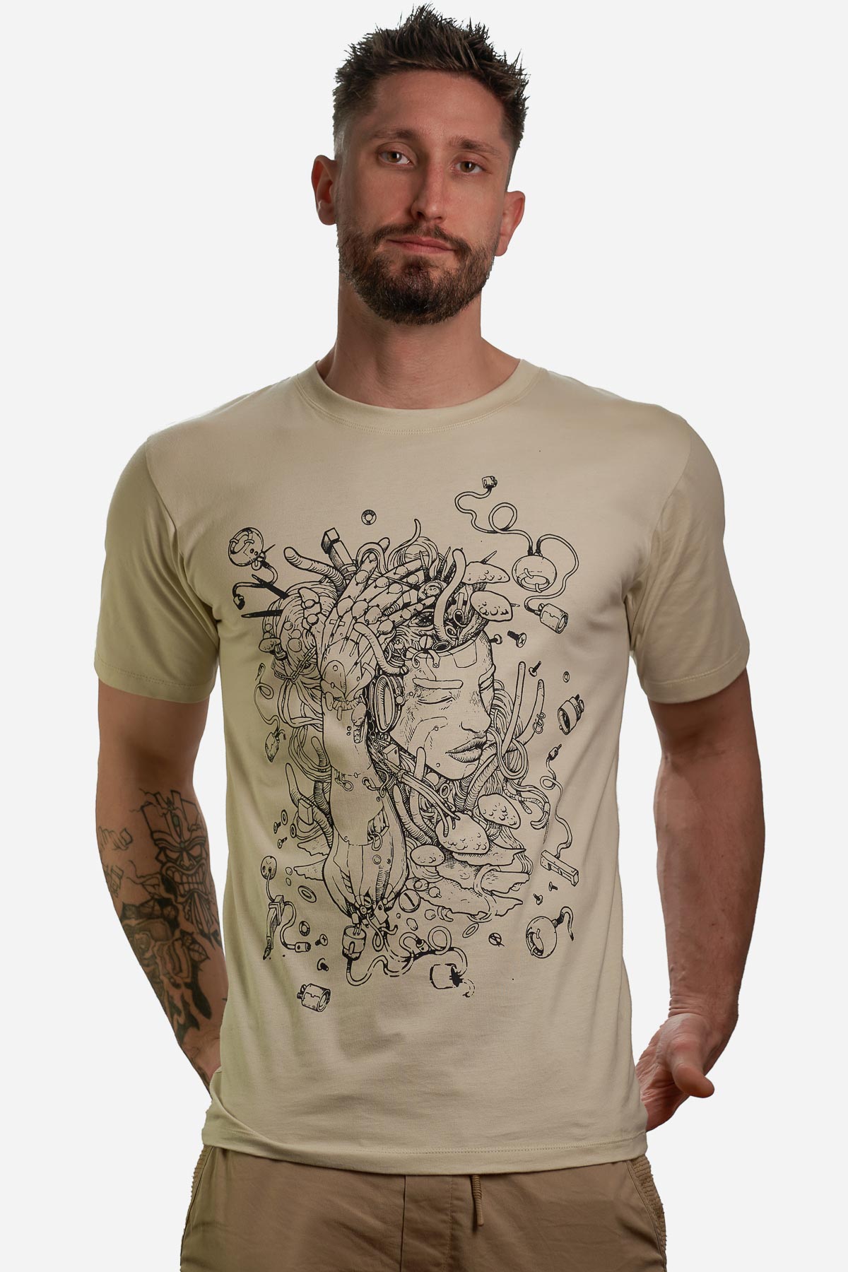 Bioborg T-shirt in sand for men, featuring handmade silk screen print, perfect for those seeking unique alternative streetwear.