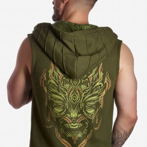 inter-dimensional-being-hooded-vest-green-for-men-handmade-art-print-screen-printed-lining-alternative-streetwear-festival-fashion-psy-wear-avanyah-clothing