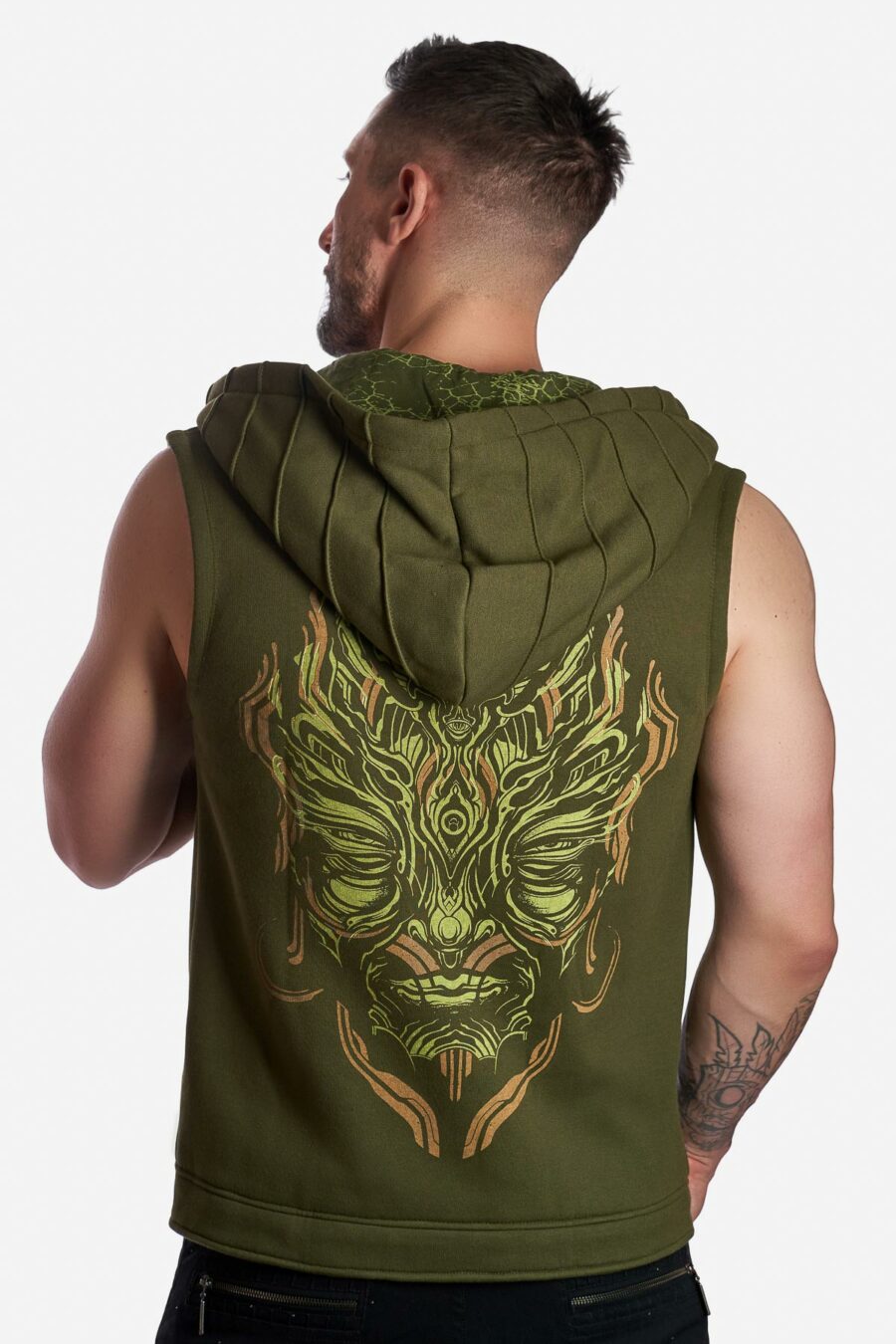 inter-dimensional-being-hooded-vest-green-for-men-handmade-art-print-screen-printed-lining-alternative-streetwear-festival-fashion-psy-wear-avanyah-clothing