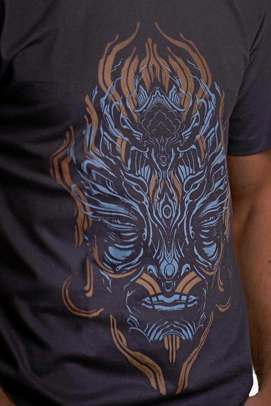 "Inter-Dim Being grey psychedelic t-shirt for men, featuring a bold front screen print, available at Avanyah Clothing
