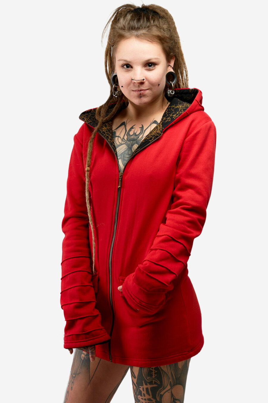 zola-thora-hoodie-red-for-women-with-handmade-screen-print-alternative-streetwear-avanyah-clothing