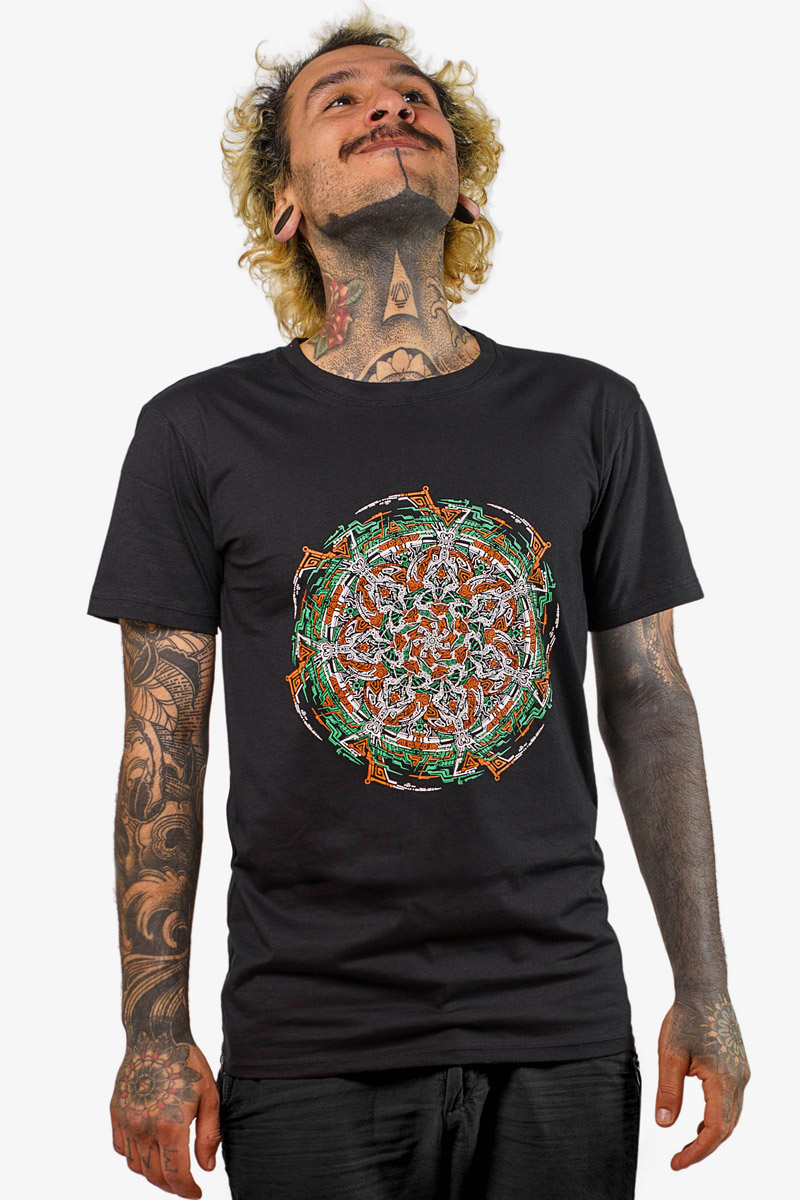 Shop the exclusive black Tribal Mandala t-shirt for men with artistic screen print, a staple of festival fashion at Avanyah's online store