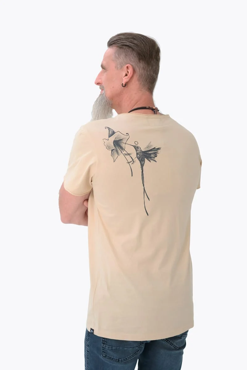 Cream Colibrian t-shirt for men from Avanyah, featuring artistic trippy design by Ross and durable stitching for alternative streetwear