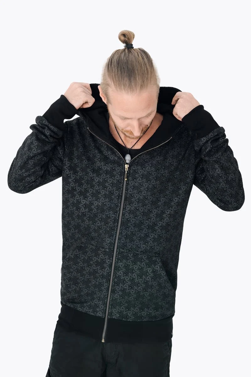 Impulse hoodie in black by Avanyah and Mantis Vision Art and Design - expressive art wear and alternative festival fashion for men