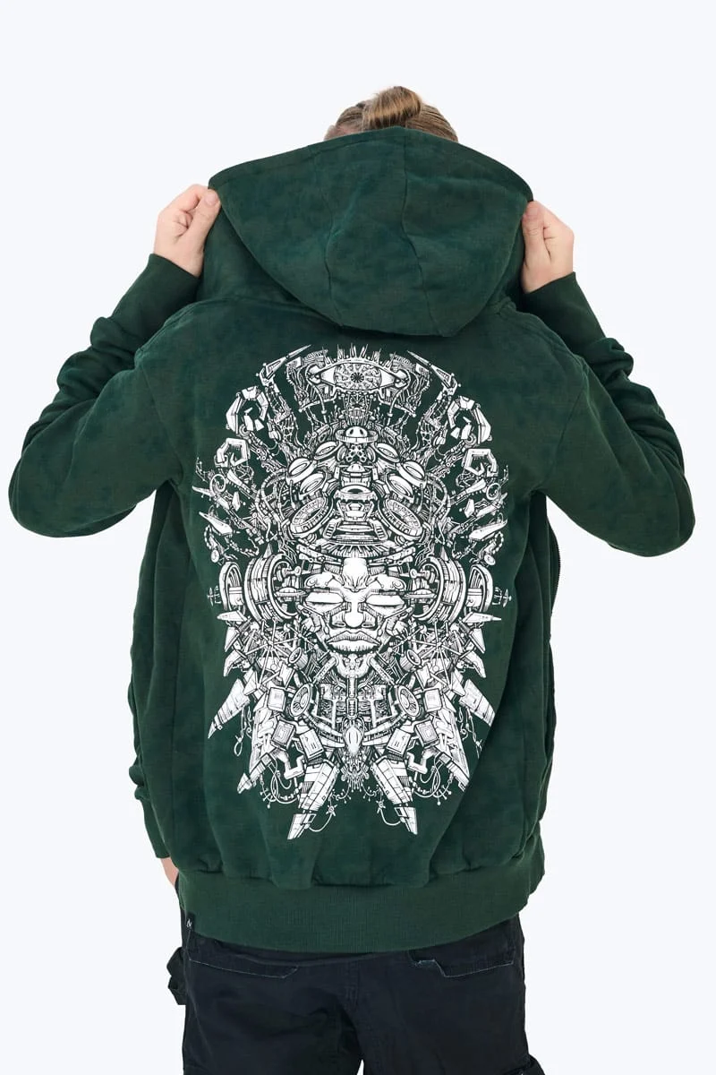 Green Pareidolia hoodie for men by Avanyah, tie dye design with screen printed artwork by Januz Art on high quality cotton fleece