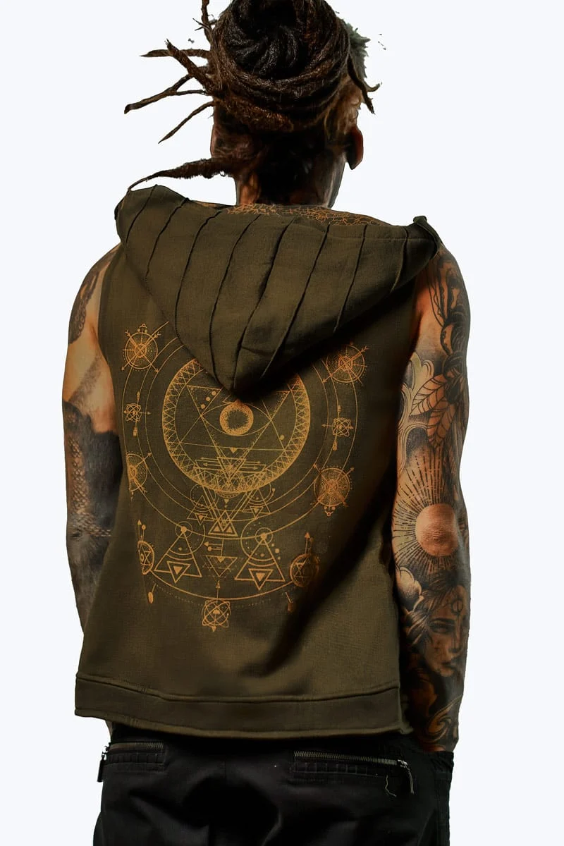 The dark green sleeveless Tan Thora vest with hood and a unique mystical and geometric art print on the back is now available at the Avanyah online shop