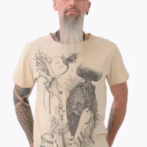 Avanyah wearable art Colibrian t-shirt for men in cream, showcasing handmade screen print by artist Ross, perfect for alternative fashion and festivals