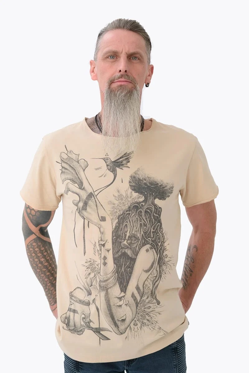 Avanyah wearable art Colibrian t-shirt for men in cream, showcasing handmade screen print by artist Ross, perfect for alternative fashion and festivals