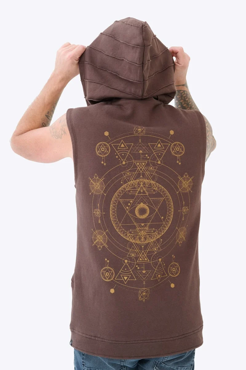 The brown Tan Thora vest by Avanyah, a sleeveless hooded waistcoat for men with mystical geometric art print on the back