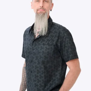 Men’s black cotton button-up shirt with full grey art print – alternative streetwear & festival outfit by Avanyah Clothing