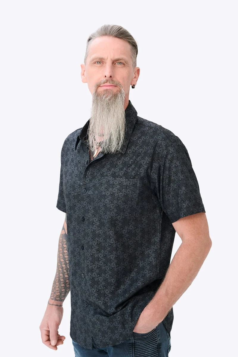 Men’s black cotton button-up shirt with full grey art print – alternative streetwear & festival outfit by Avanyah Clothing