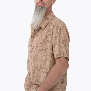 Cream-colored Icarus button-up shirt for men with Mantis Vision Art print by Avanyah