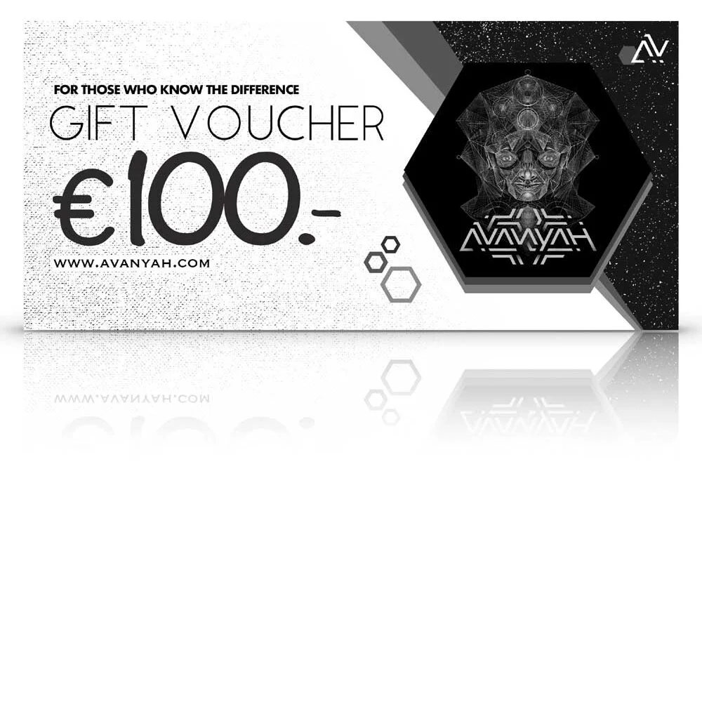A stylish Avanyah digital gift card displayed on a smartphone screen, with vibrant psychedelic art patterns and the Avanyah logo in the background