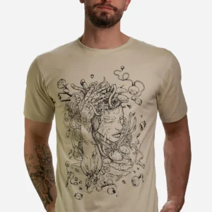 Bioborg men’s sand t-shirt with hand-screen-printed comic artwork by John Kill Ink – festival and streetwear fashion by Avanyah