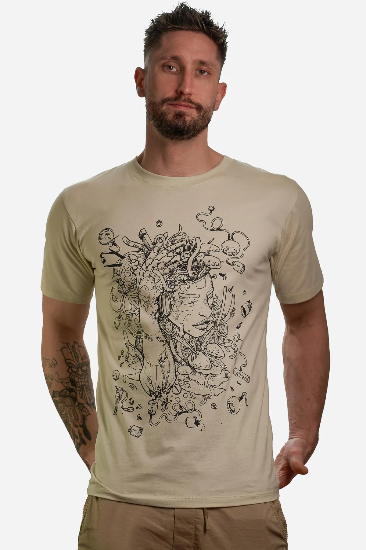 Bioborg men’s sand t-shirt with hand-screen-printed comic artwork by John Kill Ink – festival and streetwear fashion by Avanyah
