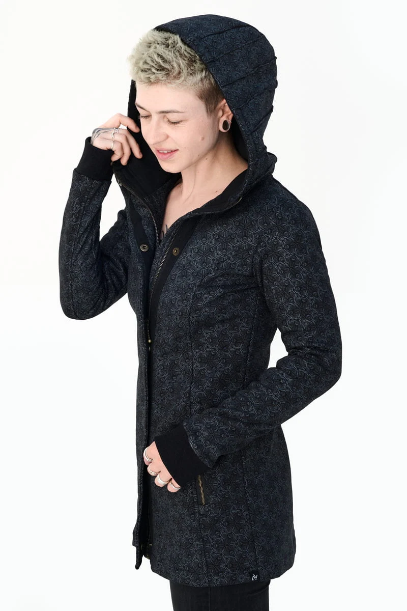 Full printed Impulse hoodie in black by Avanyah – unisex art wear for festival fashion and alternative streetwear