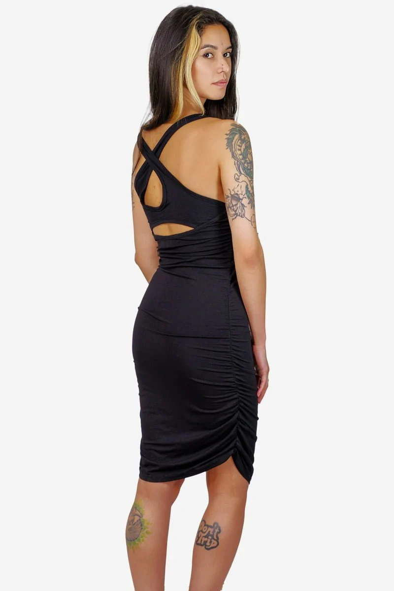 Avanyah black Hodaya dress for women, backless design with adjustable length, perfect for festival fashion and alternative clothing