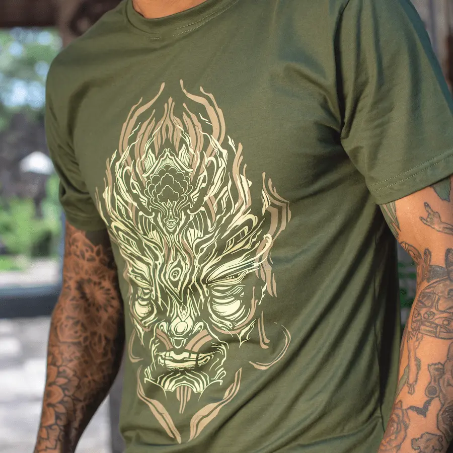 Instagram spotlight: Green Inter-Dimensional Being T-shirt by Avanyah and Mantis Vision Art – screen-printed wearable art styled during Bali fashion shoot