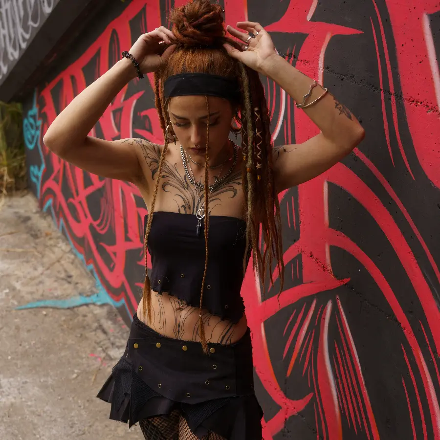 Avanyah’s alternative fashion presenting a black steampunk-inspired mini skirt and tube top for festival wear