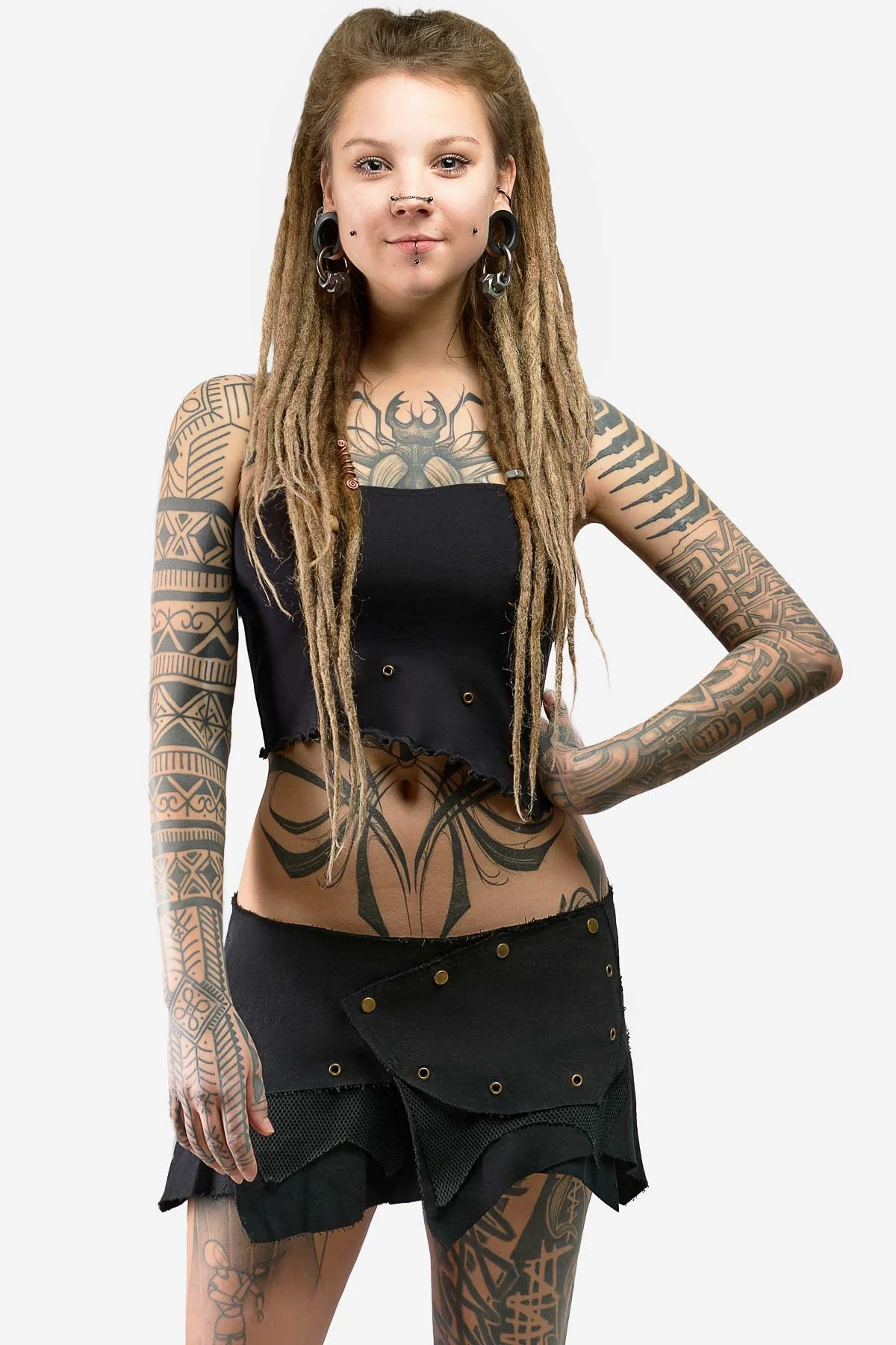 Alternative fashion set for women - black Isa tube top and matching cotton Isa mini skirt, with secret pocket and matte gold eyelet and button accents by Avanyah