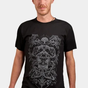 Mycelium black men’s t-shirt with hand-screen-printed psychedelic artwork by Januz Art – wearable art and festival fashion by Avanyah