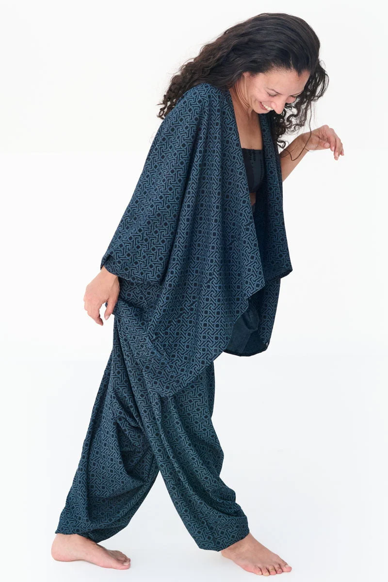 Printed Aladdin-style trousers and cover-up by Avanyah – wearable art designed for festival fashion lovers and streetwear enthusiasts