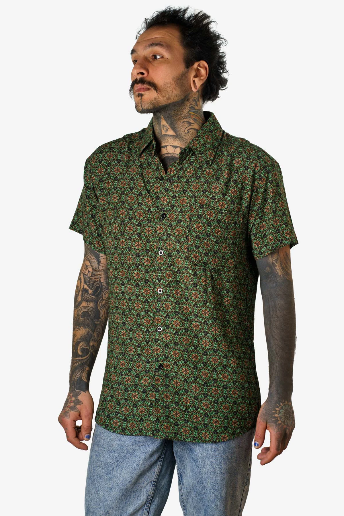 Men’s alternative fashion shirt featuring Seeds digital art print by Januz Art – festival wear collection at Avanyah