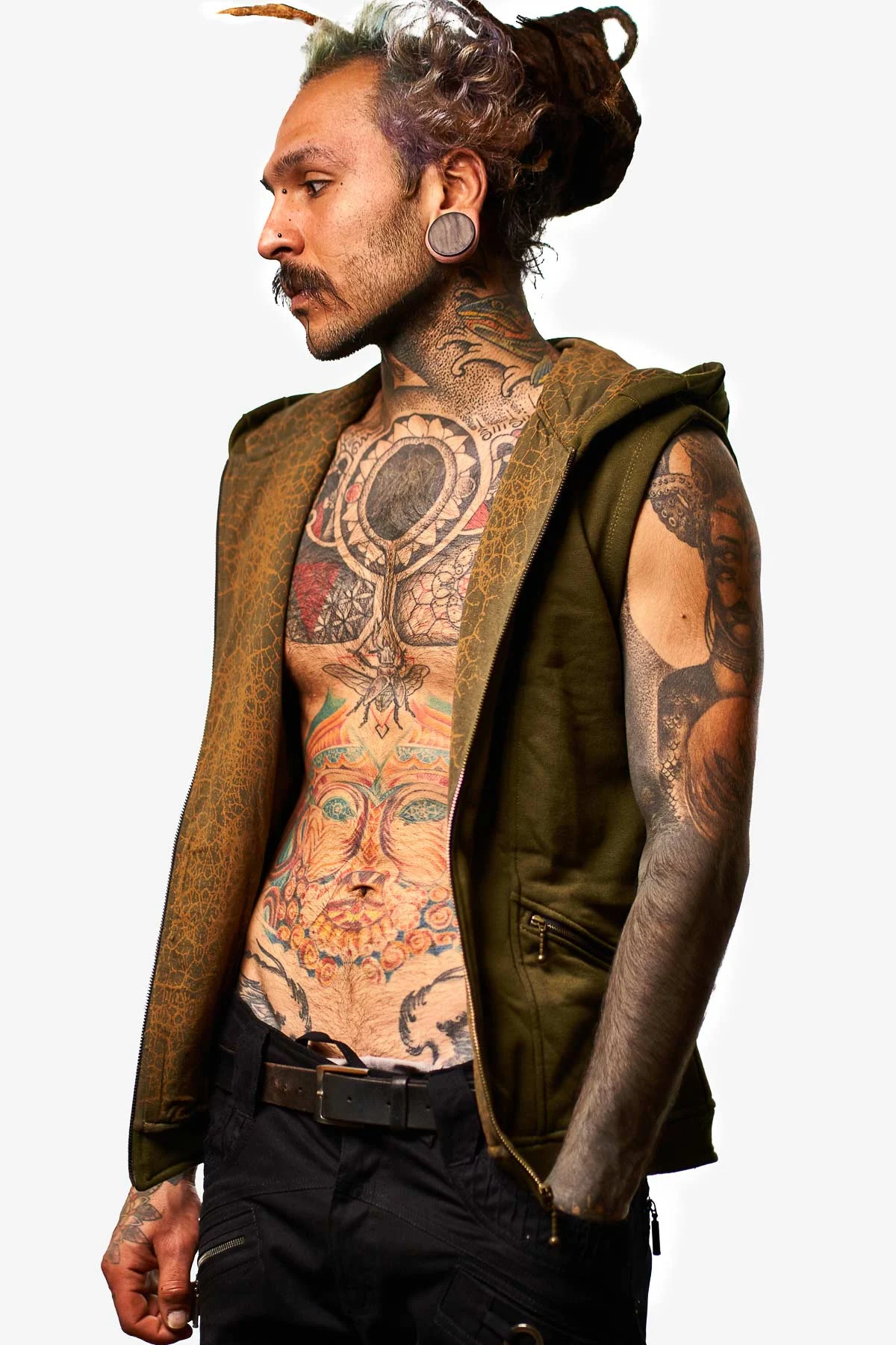 Green Tan Thora vest for men with handmade screen-printed design, blending alternative streetwear and festival fashion by Avanyah